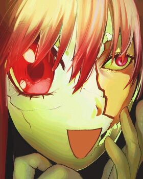 1girl cracked_kawaii_mask cracked_mask elfen_lied eyelashes gujmsl82618 hair_between_eyes hashtag-only_commentary long_hair looking_ahead lucy_(elfen_lied) mask nyuu open_mouth pink_hair red_eyes solo