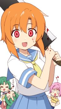 1girl 4girls @_@ blood blood_on_face bloody_weapon blue_sailor_collar blush_stickers collared_shirt constricted_pupils crazy crazy_eyes crazy_smile crop_top dot_nose empty_eyes green_hair highres higurashi_no_naku_koro_ni holding holding_weapon long_hair looking_at_viewer mamiya_rina multiple_girls nata_(tool) navel neckerchief open_mouth orange_hair parted_bangs pleated_skirt ponytail ryuuguu_rena sailor_collar school_uniform serafuku shirt short_hair short_sleeves siblings sidelocks sisters skirt smile sonozaki_mion sonozaki_shion summer_uniform sweatdrop tonogai_yoshiki twins weapon white_background white_serafuku white_shirt yellow_neckerchief