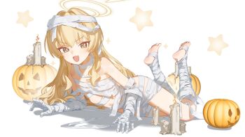 1girl :d bandaged_arm bandaged_chest bandaged_foot bandaged_hand bandaged_leg bandaged_neck bandages barefoot blonde_hair blue_archive blush candle chest_sarashi dot_nose fang feet feet_up flat_chest full_body hair_between_eyes hair_over_shoulder halloween halloween_costume halo highres jack-o&#039;-lantern loli long_hair looking_at_viewer lying mummy_costume naked_bandage on_ground on_stomach open_mouth pumpkin ryuuforkaf sarashi sidelocks simple_background skin_fang smile soles solo star_(symbol) stirrup_legwear thighs toeless_legwear toes very_long_hair white_background yellow_eyes yellow_halo yoshimi_(blue_archive) yoshimi_(halloween)_(blue_archive)