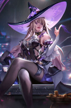 Rule 34 | 1girl, absurdres, ascot, bare shoulders, black collar, black dress, black hat, breasts, brown hair, chromatic aberration, closed mouth, collar, commentary, crossed legs, detached sleeves, dress, flower, grey pantyhose, hair ribbon, hand up, hat, hat flower, herta (honkai: star rail), highres, honkai: star rail, honkai (series), index finger raised, long hair, looking at viewer, nervi fd, pantyhose, purple eyes, purple flower, purple ribbon, realistic, ribbon, sitting, small breasts, solo, strapless, strapless dress, the herta (honkai: star rail), very long hair, white ascot, witch hat