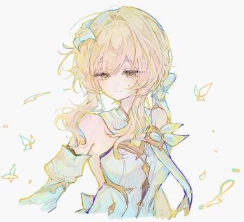 Rule 34 | 1girl, blonde hair, blush, breasts, closed mouth, cropped torso, detached sleeves, dress, flower, genshin impact, hair between eyes, hair flower, hair ornament, hashtag-only commentary, highres, looking down, lumine (as heaven and earth are made anew) (genshin impact), lumine (genshin impact), medium breasts, official alternate costume, ri pi o, short hair with long locks, simple background, solo, white background, white dress, white flower, yellow eyes