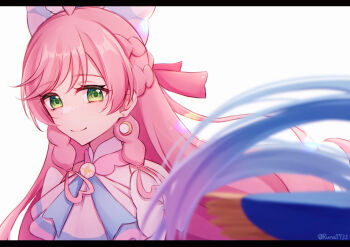 Rule 34 | 2girls, ascot, blue cape, blue hair, blurry, blurry foreground, bow, braid, brooch, cape, closed mouth, commentary, crown braid, cure prism, cure sky, depth of field, dress, earrings, elbow gloves, fringe trim, glove bow, gloves, green eyes, hair bow, highres, hirogaru sky! precure, jewelry, letterboxed, long hair, looking at another, magical girl, multiple girls, nijigaoka mashiro, pink hair, precure, runa (runa7733), side braids, sleeveless, sleeveless dress, smile, solo focus, sora harewataru, twitter username, very long hair, white ascot, white background, white bow, white gloves, wing brooch