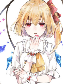 1girl absurdres ascot blonde_hair bow breasts buttons center_frills collared_shirt commentary_request crystal crystal_wings flandre_scarlet frilled_shirt_collar frilled_sleeves frills hair_between_eyes hair_bow highres long_hair looking_at_viewer minatsuki_yurara multicolored_wings nail_polish no_headwear no_vest one_side_up open_mouth pink_nails puffy_short_sleeves puffy_sleeves red_bow red_eyes shirt short_sleeves simple_background small_breasts solo touhou upper_body white_background wings wrist_cuffs yellow_ascot