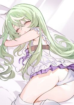 1girl :o armpit_crease ass bare_arms bare_shoulders closed_eyes commentary dress english_commentary frilled_dress frills green_hair highres hugging_object lying multicolored_hair nazuna_(stella_sora) on_bed on_side open_mouth panties pillow pillow_hug pipoccon purple_dress sketch sleeping sleeveless sleeveless_dress socks solo stella_sora streaked_hair thigh_gap thighs two-tone_dress two-tone_hair underwear white_dress white_hair white_panties white_socks