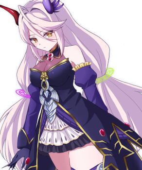 Rule 34 | 1girl, absurdres, ahoge, asymmetrical horns, breasts, cleavage, closed mouth, commentary request, detached sleeves, dress, duel masters, duel masters play's, gem, gloves, gold trim, grey hair, hair between eyes, hair ornament, highres, horns, long hair, mismatched horns, nero gryphis (duel masters), off-shoulder dress, off shoulder, purple dress, purple gloves, purple horns, red gemstone, red horns, rumina 00, see-through cleavage, see-through clothes, solo, very long hair, white background, yellow eyes