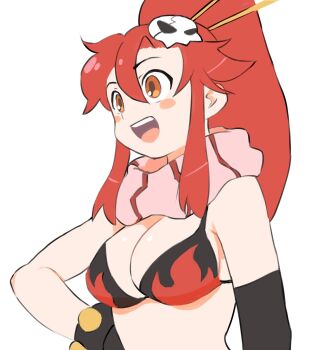 1girl :d bikini blush_stickers breasts cleavage flame_print gan2 hair_between_eyes hair_ornament hair_stick highres long_hair medium_breasts open_mouth orange_eyes pink_scarf ponytail print_bikini red_hair scarf sidelocks simple_background skull_hair_ornament smile solo striped_clothes striped_scarf swimsuit teeth tengen_toppa_gurren_lagann upper_teeth_only vertical-striped_clothes vertical-striped_scarf white_background yoko_littner