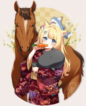 1girl 2026 animal animal_ears animal_on_head black_cat blonde_hair blue_eyes blush carrot cat cat_ears chinese_zodiac commentary_request dice_hair_ornament egasumi floral_print food grey_background hair_ornament highres holding holding_food japanese_clothes kagami_mochi kimono kuune_rin long_hair long_sleeves looking_at_viewer new_year obi on_head one_side_up original print_kimono red_kimono sash shark solo v-shaped_eyebrows very_long_hair wide_sleeves year_of_the_horse
