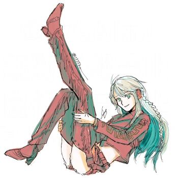 1girl 3755km absurdres colored_inner_hair commentary fate/grand_order fate_(series) green_eyes green_hair highres kukulkan_(fate) kukulkan_(first_ascension)_(fate) long_hair looking_at_viewer mexican_clothes multicolored_hair shorts solo white_hair