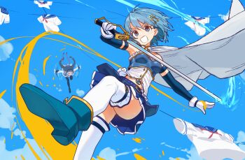 2girls :d absurdres akemi_homura akemi_homura_(magical_girl) armband armpits belt blue_eyes blue_hair blue_theme braid cape clothesline cloud ebora fortissimo gloves hair_ornament hairclip highres holding holding_sword holding_weapon long_hair magical_girl mahou_shoujo_madoka_magica mahou_shoujo_madoka_magica_(anime) midriff miki_sayaka miki_sayaka_(magical_girl) multiple_girls musical_note musical_note_hair_ornament open_mouth outdoors pantyhose short_hair sky smile solo_focus soul_gem strapless sword thighhighs twin_braids weapon white_gloves white_thighhighs zettai_ryouiki