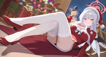 1girl absurdres artist_logo artist_name ass bell belt blue_archive blush bow braid champagne_flute christmas christmas_lights christmas_ornaments christmas_tree city_lights commentary crossed_legs cup demon_tail demon_wings drink drinking_glass full_body fur_trim gift grin halo hand_up haruna_(blue_archive) hat high_heels highres holding holding_cup holding_drink logo long_hair looking_at_viewer lying night on_back pink_halo red_eyes red_hat red_shoes royalbunny003 santa_costume shoes single_braid smile solo tail thighhighs thighs white_bow white_hair white_thighhighs wings zettai_ryouiki