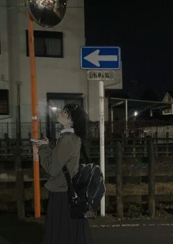 Rule 34 | 1girl, arrow (symbol), bag, black bag, black eyes, black hair, black skirt, blush, brown sweater, closed mouth, earphones, highres, holding, holding phone, izumi mizu1001, long sleeves, looking up, night, original, outdoors, phone, photo background, shoulder bag, skirt, solo, sweater, traffic mirror