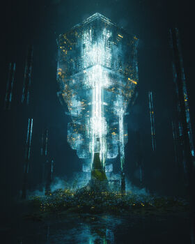 3d abstract absurdres dark film_grain glowing highres leaf max_v_hay moss no_humans plant rain reflection tree_stump