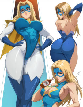 1girl abs ass back bare_shoulders beer_bottle blonde_blazer blonde_hair blue_dress blue_eyes blue_gloves blue_mask bodysuit breasts cape cleavage cleavage_cutout clothing_cutout commentary covered_abs covered_erect_nipples dispatch dress elbow_gloves english_commentary eye_mask felox08 from_behind from_below gloves gluteal_fold hands_on_own_hips highleg highleg_leotard highres holding holding_own_hair huge_ass impossible_bodysuit impossible_clothes jewelry large_breasts leotard long_hair looking_at_viewer looking_back mask multiple_costumes multiple_views muscular muscular_female necklace parted_hair presenting short_cape sideboob star_cutout superhero_costume thigh_gap thighhighs tight_clothes wide_hips
