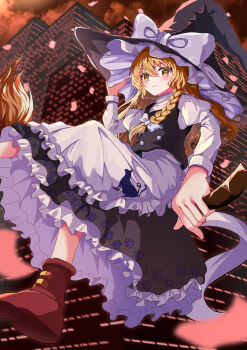 Rule 34 | 1girl, absurdres, animal print, apron, artist name, black skirt, blonde hair, boots, bow, broom, broom riding, brown boots, building, cat print, falling petals, frilled apron, frilled skirt, frills, hair between eyes, hat, hat bow, highres, kirisame marisa, looking at viewer, night, petals, print apron, print skirt, rikiriki200, skirt, skyscraper, solo, touhou, white apron, white bow, wily beast and weakest creature, witch hat, yellow eyes