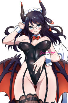 1girl bare_shoulders black_hair black_leotard black_wings blue_eyes blush breasts cleavage cowboy_shot dragon_girl dragon_horns dragon_wings duel_monster fishnet_thighhighs fishnets garter_straps glasses highres horns house_dragonmaid large_breasts leotard long_hair looking_at_viewer maid_headdress playboy_bunny red_wings simple_background sketch solo strapless strapless_leotard thighhighs tokiwajing twitter_username white_background wings wrist_cuffs yu-gi-oh!
