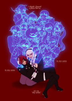 2nd_scenario_(hundred_line) absurdres amemiya_darumi aotsuki_eito blood blood_from_mouth blood_on_face closed_eyes commentary crying dying english_commentary english_text everyone ghost ginzaki_shouma highres holding kawana_tsubasa kirifuji_nozomi last_defense_academy_school_uniform light_smile long_hair magadori_kyoshika maruko_gaku mojiro_moko omokage_yugamu oosuzuki_kurara red_background school_uniform shion_(hundred_line) shizuhara_hiruko spoilers sumino_takumi the_hundred_line_-last_defense_academy- thiefofblood tsukumo_ima tsukumo_kako white_hair yakushiji_takemaru