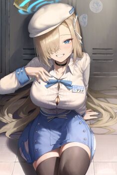 1girl absurdres alternate_costume arm_at_side arm_support asuna_(blue_archive) asymmetrical_bangs bagya beret black_choker black_thighhighs blonde_hair blue_archive blue_bow blue_bowtie blue_eyes blue_halo blue_nails blue_skirt bow bowtie breasts button_gap choker commentary feet_out_of_frame fingernails grin hair_bow hair_over_one_eye hair_spread_out halo hand_up hat highres indoors large_breasts long_bangs long_hair long_sleeves looking_at_viewer nail_polish name_tag on_floor one_eye_covered ribbon shirt shirt_tucked_in sitting skindentation skirt smile solo symbol-only_commentary thighhighs tile_floor tiles very_long_hair white_bow white_hat white_ribbon white_shirt