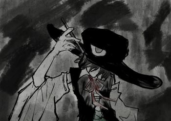 Rule 34 | 1other, androgynous, bare shoulders, black background, black coat, black hair, black theme, calligraphy brush, chinese commentary, coat, collared shirt, commentary request, detached sleeves, enraku tsubakura, eye of senri, faceless, green hakama, grey background, hakama, hat, holding, holding calligraphy brush, holding paintbrush, ink, japanese clothes, len'en, long sleeves, neck ribbon, other focus, outline, paintbrush, red ribbon, ribbon, ribbon-trimmed sleeves, ribbon trim, shi tong, shirt, short hair, sleeveless, sleeveless coat, sleeveless shirt, solo, top hat, two-tone background, upper body, white shirt, white sleeves, wide brim, wide sleeves