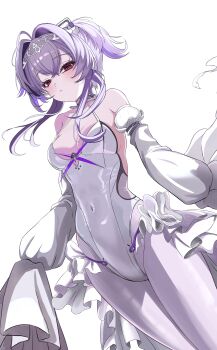 1girl absurdres ahoge blush breasts cleavage collar covered_navel cowboy_shot detached_sleeves frills from_below goddess_of_victory:_nikke hair_between_eyes hair_intakes headgear highres kazam_fm liberalio_(nikke) looking_at_viewer pantyhose purple_hair red_eyes short_hair_with_long_locks showgirl_skirt skirt sleeves_past_fingers sleeves_past_wrists small_breasts solo standing twintails white_background white_collar white_pantyhose white_skirt white_sleeves