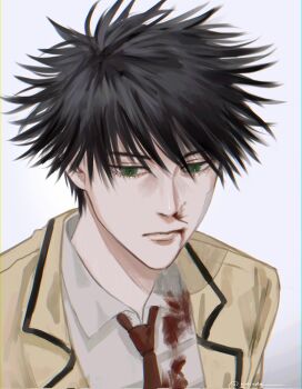 Rule 34 | 1boy, bandaid, bandaid on face, black hair, blood, blood from mouth, blood on clothes, brown jacket, collared shirt, commentary, english commentary, fushiguro megumi, green eyes, highres, jacket, jujutsu kaisen, looking at viewer, male focus, ndsoda, necktie, nosebleed, red necktie, saitama urami east junior high school uniform, school uniform, shirt, short hair, simple background, solo, spiked hair, twitter username, white background, white shirt