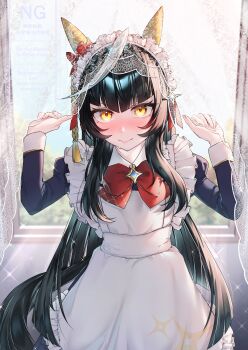 1girl absurdres animal_ears apron black_dress blunt_bangs blush bow bowtie calstone_light_o_(umamusume) closed_mouth dress ear_covers highres horse_ears horse_girl horse_tail long_hair long_sleeves looking_at_viewer maid_headdress multicolored_hair red_bow red_bowtie semicolon_chan smile solo sweatdrop tail umamusume veil very_long_hair watermark white_apron white_hair white_veil yellow_eyes
