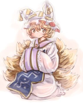 1girl absurdres animal_ear_headwear animal_hat blonde_hair blue_tabard blush collar commentary dress fake_animal_ears fox_girl fox_tail frilled_collar frilled_hat frills hands_in_opposite_sleeves hat highres kitsune kyuubi light_smile long_sleeves looking_at_viewer mob_cap multiple_tails short_hair shuu_(sirokumasabu) solo tabard tail touhou white_dress white_hat yakumo_ran yellow_eyes