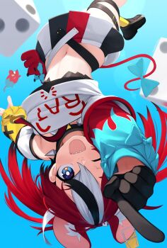 1girl ;d animal_ears artist_name black_gloves black_hair black_shoes blue_background blue_bow blue_eyes bow clothes_writing commentary dice dice_hair_ornament earclip english_commentary gloves hair_ornament hakos_baelz highres hololive hololive_english long_hair long_sleeves midriff mouse_(animal) mouse_ears mouse_girl mouse_tail mr._squeaks_(hakos_baelz) multicolored_hair multicolored_skirt navel one_eye_closed open_mouth pointing pointing_at_viewer red_hair sharp_teeth shoes simple_background skirt smile solo tail tail_bow tail_ornament teeth thigh_strap twintails upside-down virtual_youtuber white_hair yoako