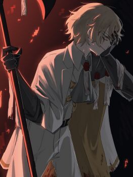 1boy ascot belt blonde_hair blood blood_on_face cape closed_mouth collared_shirt cowboy_shot formal_clothes from_side gauntlets gloves hair_between_eyes halberd highres holding holding_polearm holding_weapon limbus_company looking_to_the_side male_focus muokakutoku polearm project_moon purity_seal red_eyes shirt short_hair sinclair_(project_moon) solo suit sweat weapon white_ascot white_suit