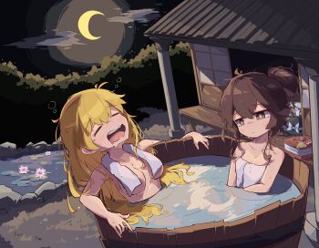 2girls absurdres alternate_hairstyle bathing blonde_hair blush breasts brown_eyes brown_hair bucket cleavage closed_eyes closed_mouth commentary_request crescent_moon folded_clothes hair_bun hakurei_reimu hat highres kirisame_marisa korean_commentary long_hair moon multiple_girls naked_towel night no_headwear open_mouth partially_submerged primsla same-sex_bathing shared_bathing sitting sky squeans touhou towel towel_around_neck unworn_hat unworn_headwear water wooden_bucket