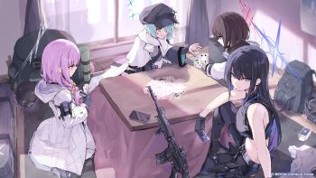 4girls arius_squad_(blue_archive) assault_rifle atsuko_(blue_archive) backpack bag blue_archive card gun halo hat highres hiyori_(blue_archive) holding holding_card kotatsu misaki_(blue_archive) multiple_girls no_headwear official_art playing_card rifle saori_(blue_archive) sig_516 table toshizou_(0714) weapon