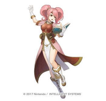 1girl armor attack book boots breastplate breasts brown_tunic circlet commentary_request dress fighting_stance fire_emblem fire_emblem_echoes:_shadows_of_valentia fire_emblem_heroes freestyle18 gloves holding holding_book long_hair mae_(fire_emblem) medium_breasts nintendo official_art open_mouth pelvic_curtain pink_dress pink_hair red_eyes short_sleeves simple_background solo tunic twintails white_background white_boots white_gloves