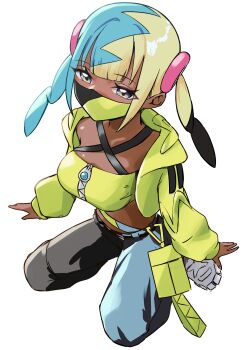 1girl absurdres bandeau belt black_belt blue_eyes canari_(pokemon) commentary_request eyelashes full_body highres hood hood_down hooded_jacket jacket long_sleeves mask mikan_(mikan_no_happa) mouth_mask multicolored_hair nintendo open_clothes open_jacket pants pokemon pokemon_legends:_z-a simple_background solo twintails white_background yellow_bandeau yellow_jacket zipper zipper_pull_tab