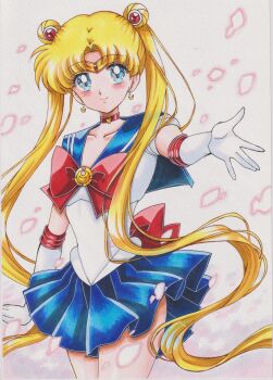 1girl absurdres bishoujo_senshi_sailor_moon blonde_hair blue_eyes blue_sailor_collar bow chikoto_(kztc4472) choker circlet closed_mouth collarbone commentary crescent_choker double_bun earrings elbow_gloves gem gloves hair_bun hair_ornament hand_up highres jewelry long_hair looking_at_viewer red_choker red_gemstone sailor_collar sailor_moon sailor_senshi_uniform skirt smile solo transformation_brooch_(sailor_moon) tsukino_usagi twintails white_gloves
