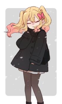 Rule 34 | 1girl, :<, aikatsu! (series), aikatsu stars!, aruki, black bag, black coat, black pantyhose, blonde hair, border, bow, closed eyes, coat, commentary request, double-parted bangs, feet out of frame, gradient background, gradient hair, grey background, grey skirt, hair bow, highres, long hair, long sleeves, multicolored hair, nijino yume, pantyhose, pink bow, pink hair, pleated skirt, skirt, sleeves past wrists, snowing, solo, twintails, white border
