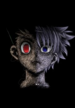 2boys artist_name aveharoun blue_eyes choppy_bangs closed_mouth commentary empty_eyes english_commentary gon_freecss green_hair grey_hair highres hunter_x_hunter killua_zoldyck looking_at_viewer male_focus multiple_boys pale_skin portrait red_eyes short_hair split_screen split_theme v-shaped_eyebrows