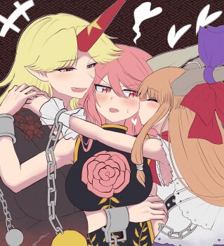 Rule 34 | 3girls, abstract background, absurdres, blonde hair, blush, breasts, brown hair, chain, cuffs, elaphe guttata6, fangs, heart, highres, holding hands, horns, hoshiguma yuugi, hug, ibaraki douji (touhou), ibaraki kasen, ibuki suika, japanese clothes, kimono, kiss, kissing cheek, large breasts, multiple girls, oni, pink hair, polyamory, shackles, single horn, touhou, yuri