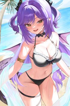 Rule 34 | 1girl, absurdres, armlet, bare shoulders, beach, bikini, black bikini, black horns, blue sky, blush, breasts, cleavage, cloud, coconut tree, day, dragon girl, dragon horns, dragon tail, dragon wings, dutch angle, fangs, gold armlet, groin, hair between eyes, hair intakes, hashtag-only commentary, highres, horns, jewelry, large breasts, long hair, looking at viewer, mountainous horizon, navel, o-ring, o-ring bikini, o-ring top, ocean, open mouth, outdoors, palm tree, pointy ears, poppo myupunk98, purple hair, sakihane huya, shawl, sky, slit pupils, smile, solo, standing, stellive, stomach, swimsuit, swimsuit cover-up, tail, thigh strap, thighs, tree, two side up, very long hair, virtual youtuber, wet, wings, yellow eyes