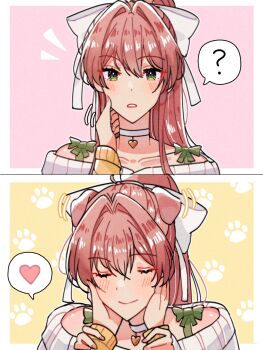 Rule 34 | 1girl, 1other, ?, bare shoulders, blush, bow, choker, closed eyes, closed mouth, collarbone, doki doki literature club, green bow, green eyes, hair bow, hand on another's wrist, hands on another's face, heart, heart necklace, highres, jewelry, long hair, looking at viewer, monika (doki doki literature club), necklace, out of frame, parted lips, paw print, paw print background, pink background, portrait, red hair, shoulder bow, sidelocks, smile, speech bubble, sweater, teeth, white bow, white choker, white sweater, yananeruu, yellow background, yellow sweater