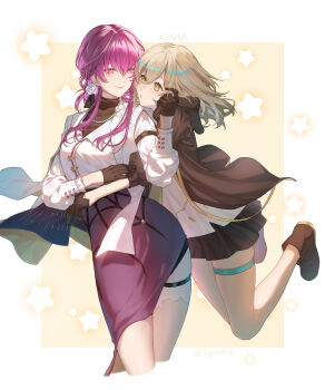 2girls absurdres commentary edogawa_kigoro english_commentary gloves grey_hair hair_ornament highres honkai:_star_rail honkai_(series) hug jacket jewelry kafka_(good_me)_(honkai:_star_rail) kafka_(honkai:_star_rail) long_hair multiple_girls necklace official_alternate_costume purple_eyes purple_hair shirt simple_background skirt star_(symbol) stelle_(honkai:_star_rail) thigh_strap trailblazer_(honkai:_star_rail) turtleneck yellow_eyes