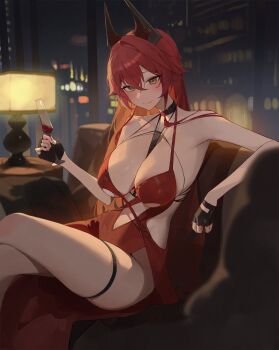 Rule 34 | 1girl, alcohol, between breasts, black gloves, blurry, blurry background, blush, breasts, cleavage, closed mouth, clothing cutout, cup, double-parted bangs, dress, drinking glass, evening gown, fingerless gloves, gloves, goddess of victory: nikke, hair between eyes, highres, horns, jewelry, kji (rozo), large breasts, long hair, looking at viewer, mechanical horns, navel, navel cutout, night, official alternate costume, red dress, red hair, red hood (nikke), red hood (nonsense red) (nikke), sitting, skindentation, smile, solo, strap between breasts, thigh strap, window, wine, wine glass, yellow eyes