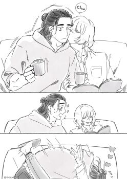 2boys badeni black_hair blush chi.:_chikyuu_no_undou_ni_tsuite closed_eyes couch cup greyscale hair_bun highres holding holding_another&#039;s_arm holding_cup hood hood_down hoodie kiss kissing_cheek looking_at_another male_focus medium_hair monochrome multiple_boys oczy open_mouth parted_lips reading scar scar_on_face scar_on_nose sitting sketch slippers smile smirk sweatdrop tackle tbkd038515 twitter_username yaoi