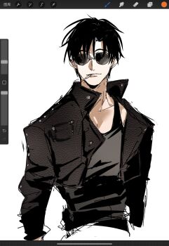 1boy absurdres art_program_in_frame black_hair black_jacket black_tank_top border cigarette commentary cropped_jacket highres jacket looking_at_viewer male_focus mrjieshisu nicholas_d._wolfwood short_hair solo sunglasses tank_top trigun trigun_stampede white_border