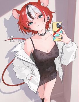 1girl alternate_costume alternate_hair_length alternate_hairstyle animal_ears black_collar black_dress black_hair blue_eyes bow breasts cellphone cleavage closed_mouth collar collarbone commentary dress earbuds earphones english_commentary hakos_baelz hand_in_pocket hand_up highres holding holding_phone hololive hololive_english jacket jewelry looking_at_viewer medium_breasts mouse_ears mouse_girl mouse_tail multicolored_hair off_shoulder phone print_dress red_hair ring short_dress short_hair sk_jynx skull_print sleeveless sleeveless_dress smartphone solo spaghetti_strap spiked_collar spikes standing streaked_hair tail tail_bow tail_ornament virtual_youtuber white_hair white_jacket