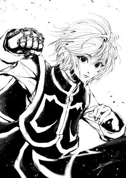 Rule 34 | 1boy, aosuna, clenched hand, closed mouth, commentary request, greyscale, hand chains, highres, hunter x hunter, incoming attack, incoming punch, kurapika, looking at viewer, male focus, monochrome, punching, short hair, signature, simple background, solo, tabard, white background