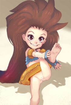 1girl bar_censor barefoot bikini bikini_pull blue_bikini blush bottomless brown_eyes brown_hair censored clothes_pull conoghi flat_chest grin inflatable_armbands innertube league_of_legends leg_up loli long_hair looking_at_viewer lying pussy smile swim_ring swimsuit teeth undressing zoe_(league_of_legends)