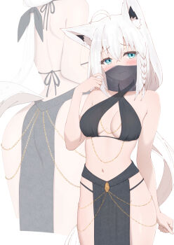 1girl ahoge alternate_costume animal_ear_fluff animal_ears aqua_eyes ass belly_chain black_bra black_panties black_ribbon bra braid breasts chain cleavage commentary_request criss-cross_halter double-parted_bangs fox_ears fox_girl fox_tail gold_chain hair_between_eyes hair_ribbon halterneck harem_outfit highres hololive jewelry long_hair looking_at_viewer low_ponytail median_furrow mouth_veil multiple_views navel paid_reward_available panties pelvic_curtain ponytail ribbon see-through_clothes see-through_veil sen_(senkuden) shirakami_fubuki shoulder_blades side_braid simple_background single_braid solo stomach tail underwear veil very_long_hair virtual_youtuber white_background white_hair yomorio_lingerie