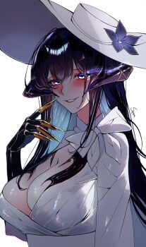 1girl black_hair blue_hair breasts claws cleavage colored_inner_hair demon_girl demon_horns dress hashtag-only_commentary highres honkai:_star_rail honkai_(series) horns looking_at_viewer medium_breasts multicolored_hair purple_eyes sanya_(sanya_lox228) simple_background smile solo the_dahlia_(honkai:_star_rail) two-tone_hair upper_body white_background white_dress