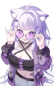 1girl :p ahoge animal_ear_fluff animal_ears belt breasts cat_ears cat_girl choker cleavage hair_ornament heart heart-shaped_eyewear heart_choker highres holding hololive jacket long_hair long_sleeves looking_at_viewer midriff navel nekomata nekomata_okayu nekomata_okayu_(1st_costume) nekomata_okayu_(personya_respect) official_alternate_costume okanyan_(nekomata_okayu) omu_omelette pants pink-tinted_eyewear puffy_sleeves purple_eyes purple_jacket simple_background solo tinted_eyewear tongue tongue_out virtual_youtuber