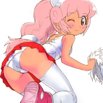 Rule 34 | 1girl, ass, blue eyes, bow, brown eyes, cheerleader, dress, erul tron, female focus, flat chest, koyopi, mecha musume, one eye closed, otomedius, panties, pink hair, pom pom (cheerleading), ponytail, solo, thighhighs, underwear, white panties, white thighhighs, wink