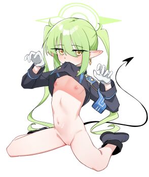 1girl armband black_boots black_jacket blue_archive blue_armband boots clothes_lift covered_navel demon_tail earrings flat_chest full_body gloves green_hair green_halo hair_between_eyes halo highres jacket jacket_lift jewelry lifting_own_clothes loli long_sleeves looking_at_viewer mouth_hold nipples nozomi_(blue_archive) pointy_ears pussy sitting solo stomach tail teeth_hold twintails wariza white_gloves whonyang yellow_eyes